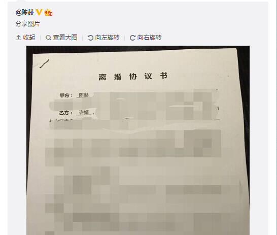 陈赫晒离婚协议书