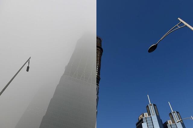 北京遭雾霾侵袭前后对比