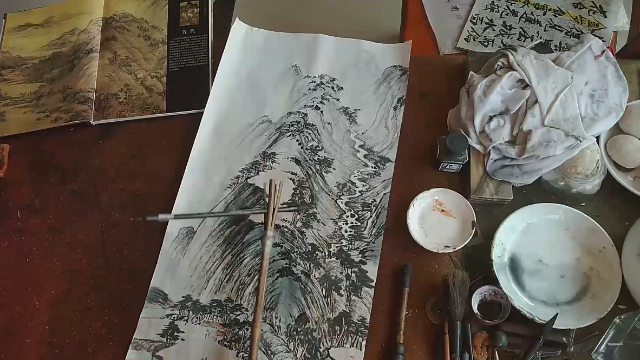 中国画山水画之青山，山水的气势，一根根线条加上简单的色彩