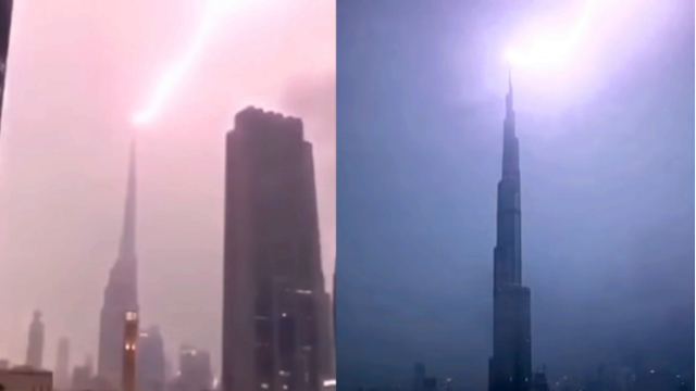 世界第一高楼迪拜哈利法塔遭雷击 闪电照亮迪拜天际
