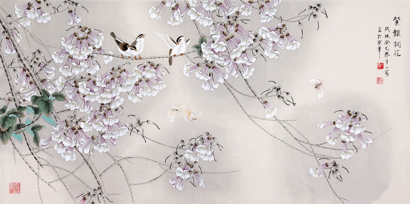 王一容四尺横幅国画梧桐花《紫韵桐花》