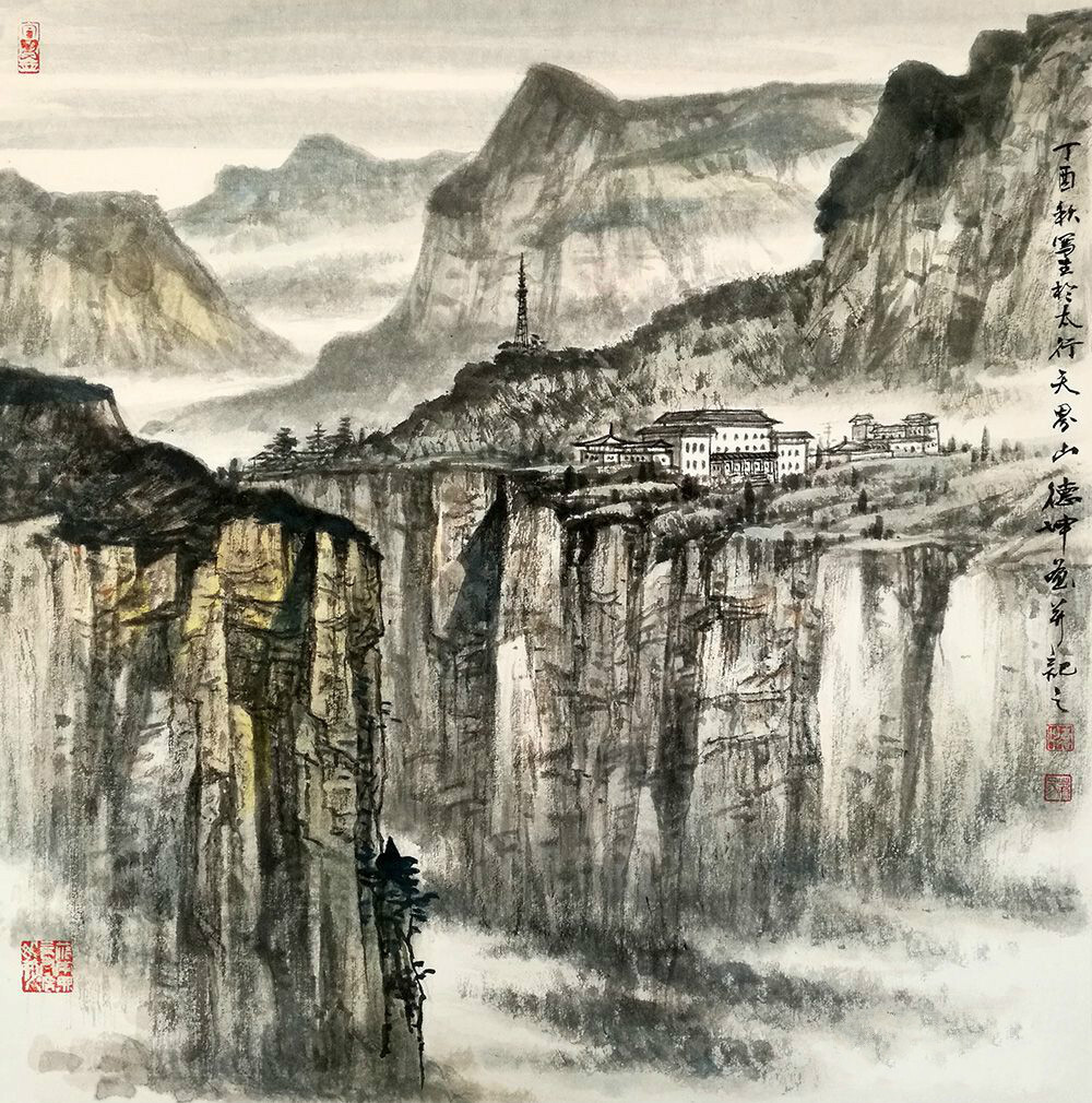 林德坤·《太行天界山》 (50*50cm) 他的作品常常以太行山为主题,作品