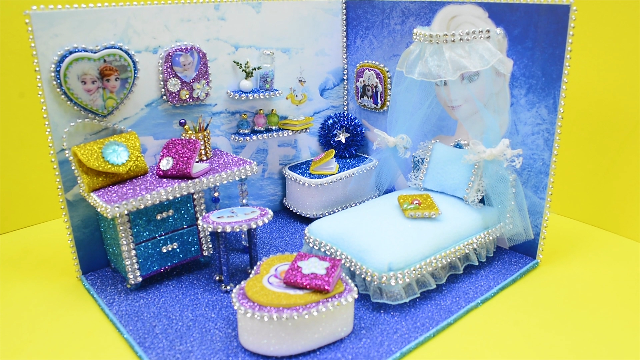 DIY迷你娃娃屋，“钻石”装饰的艾莎公主卧室