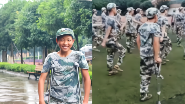 四川独腿少年坚持拄拐军训 不怕苦不怕累 只想和同学在一起