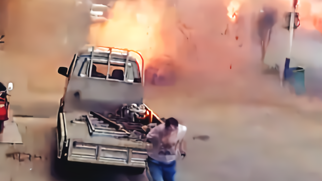 监控：三轮车上气罐突发爆炸现场腾起巨大火球