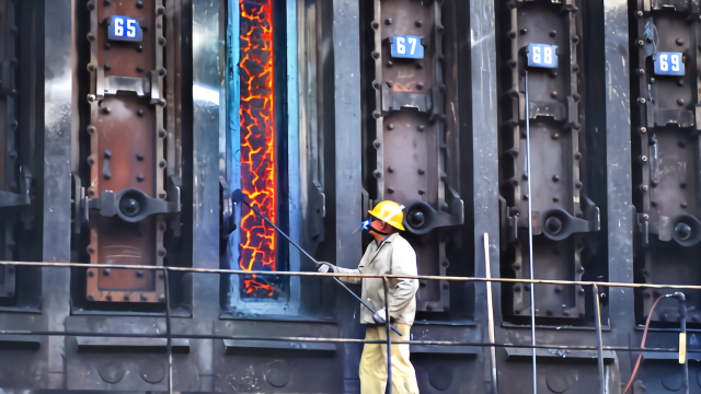 炼钢厂最主要的原料焦炭，7米高的焦炉内，温度高达1000度