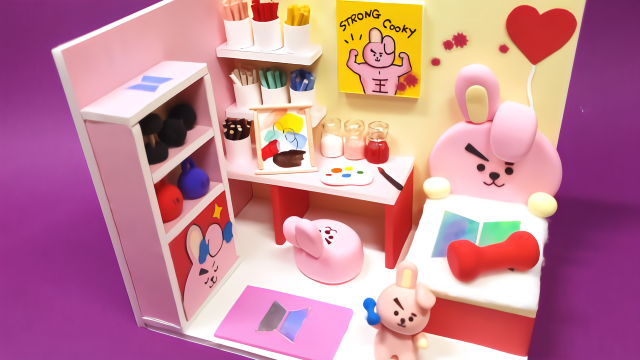 DIY迷你娃娃屋，粉色小兔子的绘画工作室