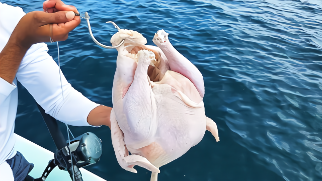 这样钓鱼还是第一次见，鱼饵是一整只火鸡，轻松钓上一条大石斑鱼