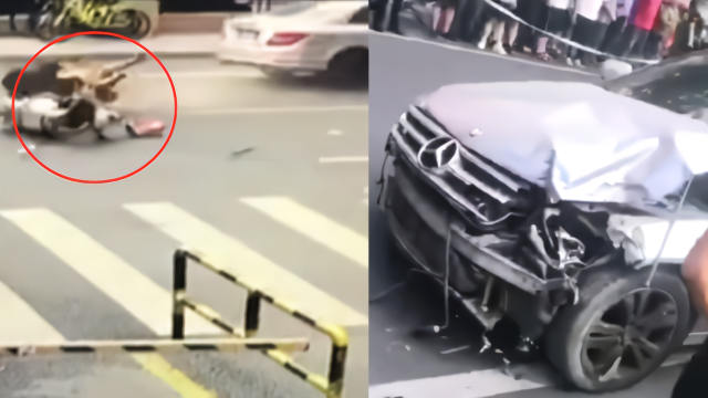 监拍：浙江一奔驰路中“飞驰”连撞两车 骑电动车女子遭猛烈撞击