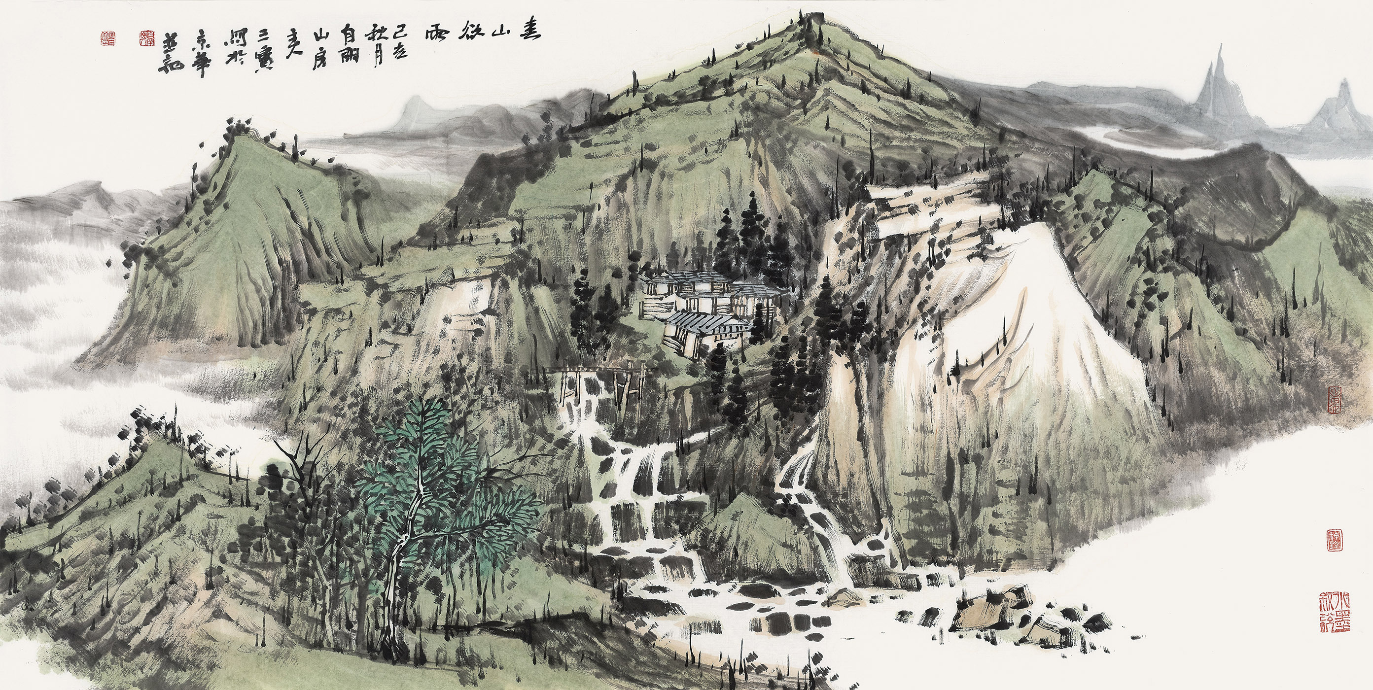 何三宝山水画《春山欲雨》