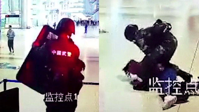 7秒内制服！监拍：男子持棍攻击武警哨兵 被迅速扑倒7秒制服