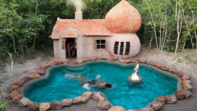 原始技术，荒野建造庇护所小屋，在门口挖个游泳池，太滋润了