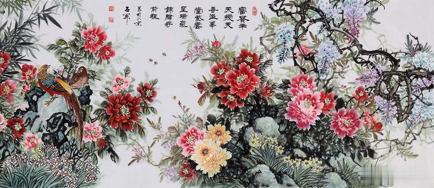 石开八尺牡丹锦鸡图《富贵花天授》