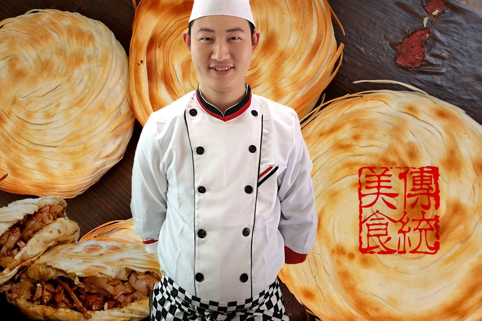 传统美食老潼关肉夹馍，经过师傅的用心制作，才能酥脆金黄掉渣渣