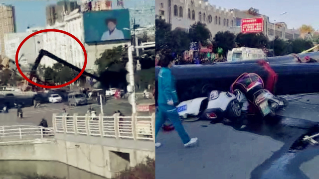 市民拍下起重臂断折砸车全过程！河南邓州发生安全事故致1死2伤