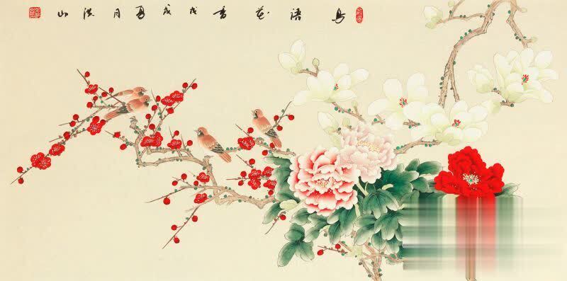 张洪山四尺横幅花鸟画《鸟语花香》