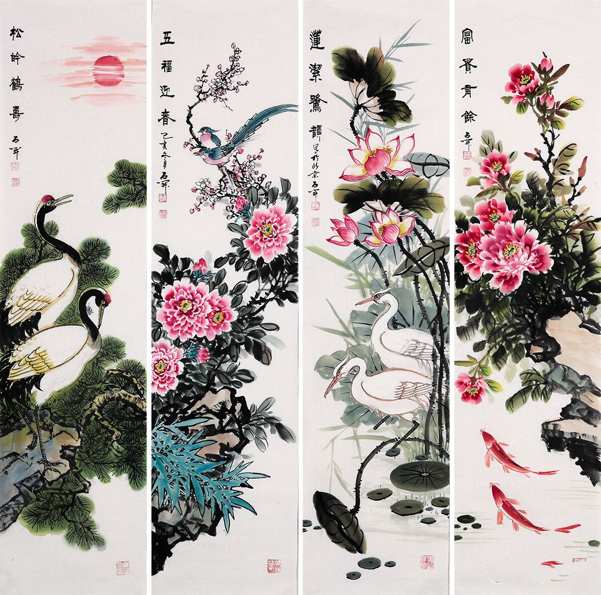 中国画四条屏,即以四幅为一组的画,作为中国画的一种特殊艺术表现