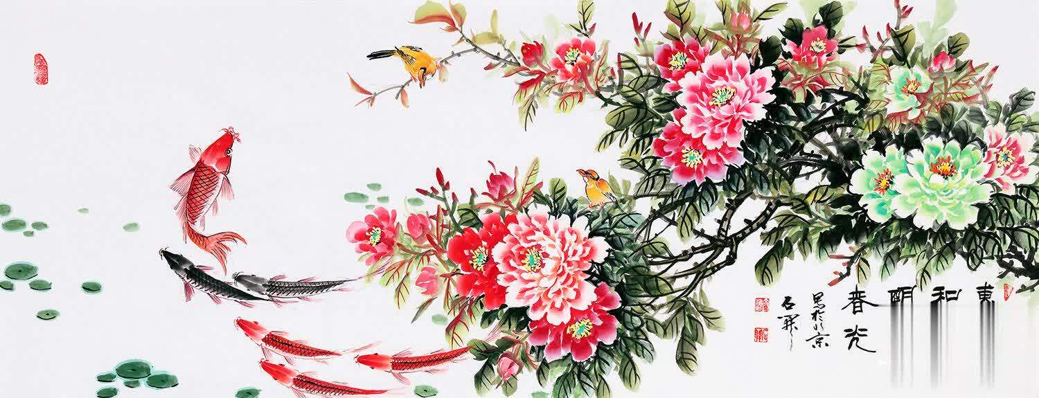 国画花鸟为家居增添色彩 这幅作品的色泽多彩,流光横溢,画中牡丹盛开