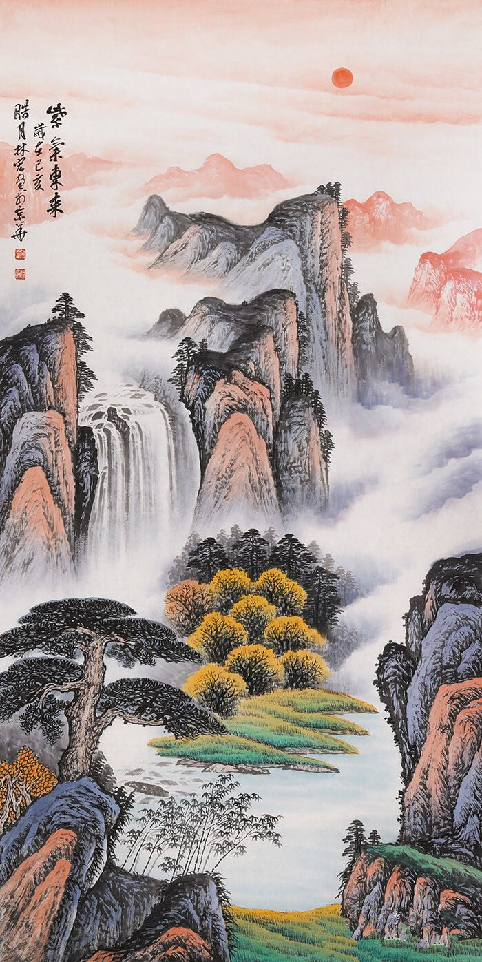 画《紫气东来》李林宏老师的这幅竖幅山水画作品,清新秀丽,又不失国画