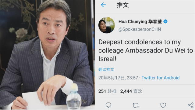 中国驻以色列大使杜伟不幸去世 华春莹发文表示"最深切哀悼"