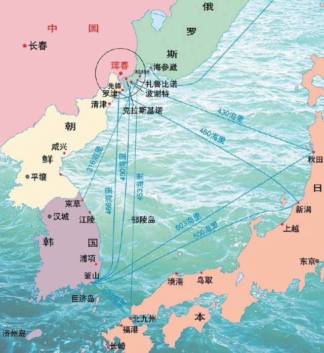 上图是海参崴在东北亚的地理位置(圆圈内).