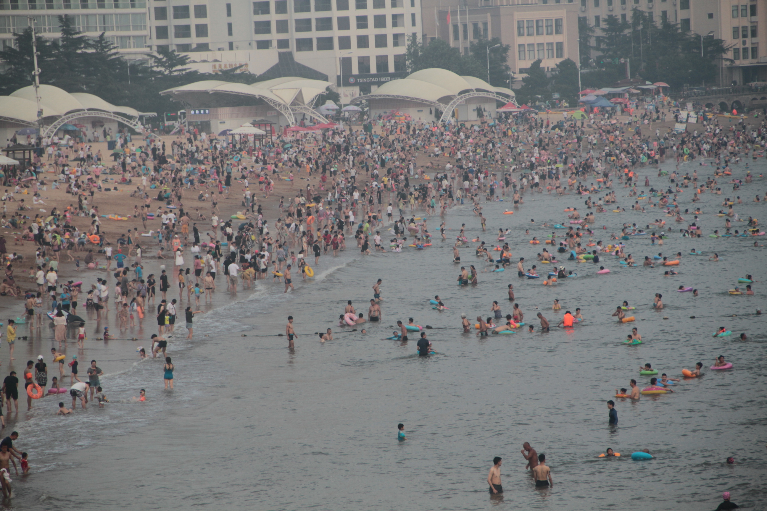 秋老虎发威,青岛海水浴场如下饺子,男子躲悬崖峭壁上享清凉