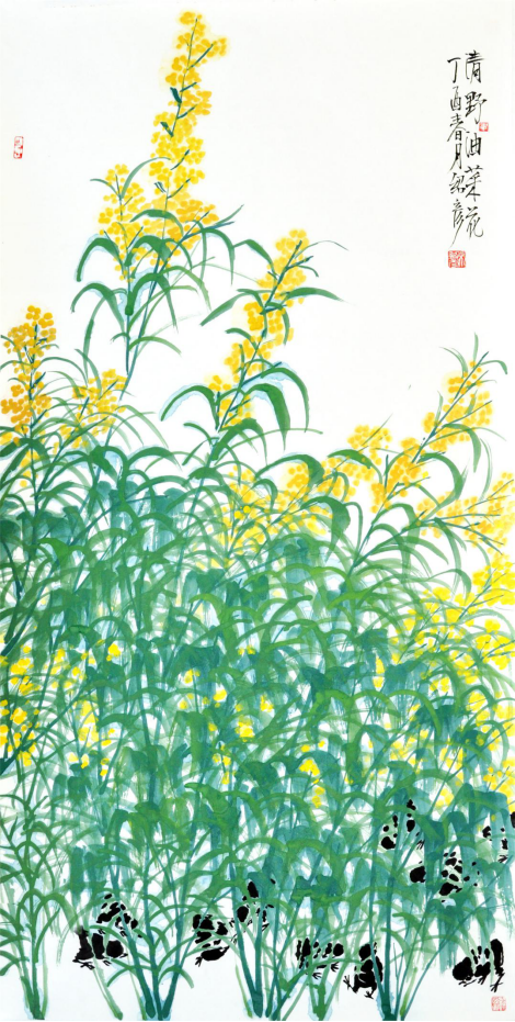 名称:《清野油菜花》尺寸:138cmx69cm 时间:2017年 材质:纸本水墨