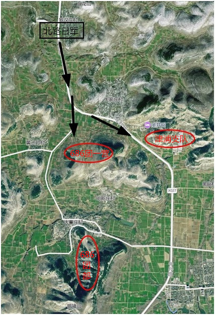 参考图:北路日军位置及进攻路线;黄土岭686团二营及津浦支队井峪阵地.