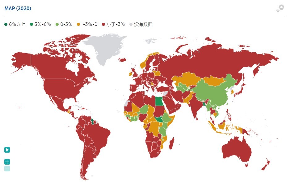 2020年至今世界gdp增长地图,其中绿色为正增长,红色,黄色为负增长.