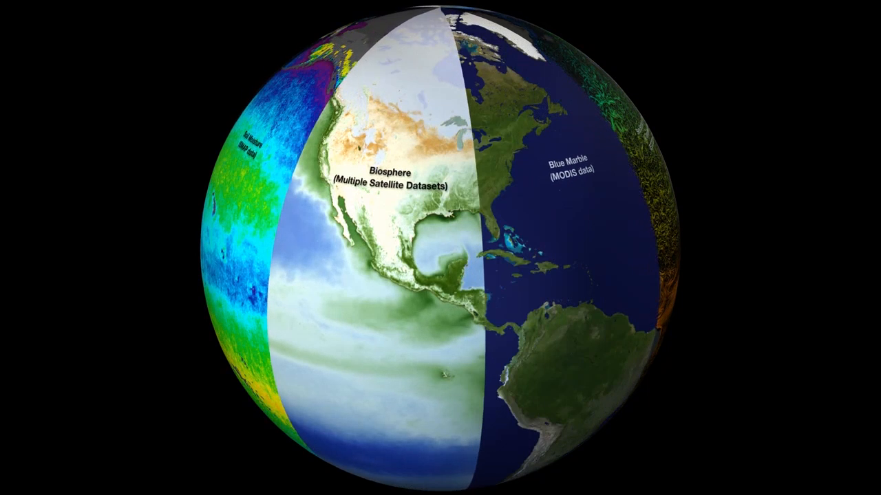 20年的全球生物圈数据被绘制在一个缓慢旋转的地球上