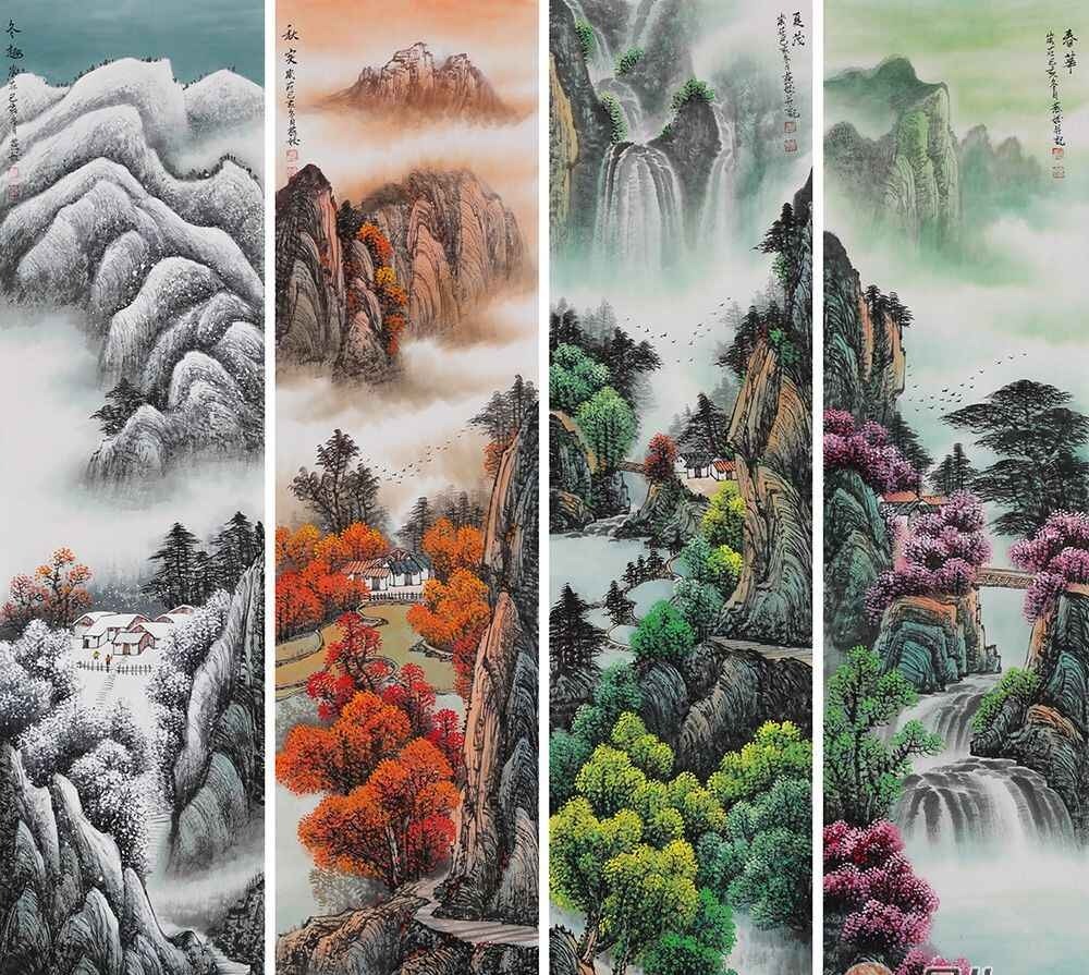 四条屏转运国画 刘燕姣新品四条屏山水画《春夏秋冬》