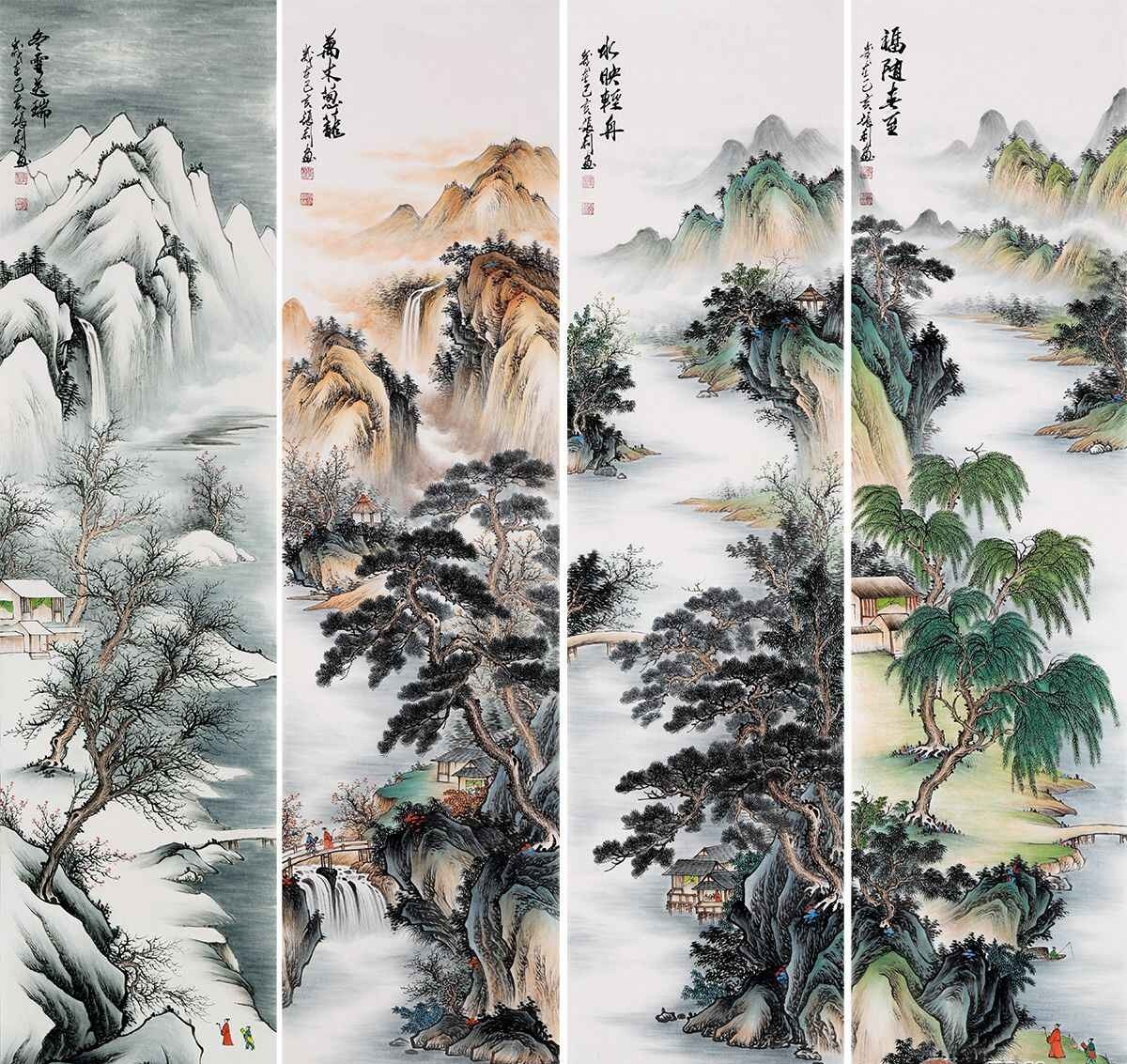 四季仿古山水画 张利精心之作国画《春夏秋冬》