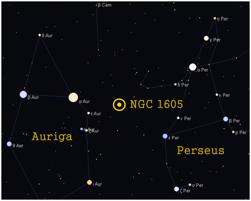 NGC 1605是位于英仙座北部的已知疏散星团，看到它需要一个小型望远镜。图片来自 BFCSpace.com