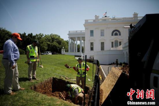 美国白宫草坪现天坑 工人紧急修理