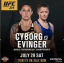 原定于INVICTA FC的女子羽量级冠军梅根安德森(Megan Anderson)接受机械婆的挑战,梅根并非美国人,由于受到签证问题,无法跨州进行商业比赛。迫于压力,宣布暂时退出UFC。 机械婆新的挑战者迅速浮出水面,唐亚埃芬格(Tonya Evinger)在INVICTA FC拿到了10连胜,是现在INVICTA FC的雏量级冠军。她抓住机会选择升重,挑战机械婆各项MMA赛事17连胜的战绩。 UFC214期将在北京时间7月30日进行,头条主赛是轻重量级冠军DC丹尼尔科米尔(Daniel Cormier