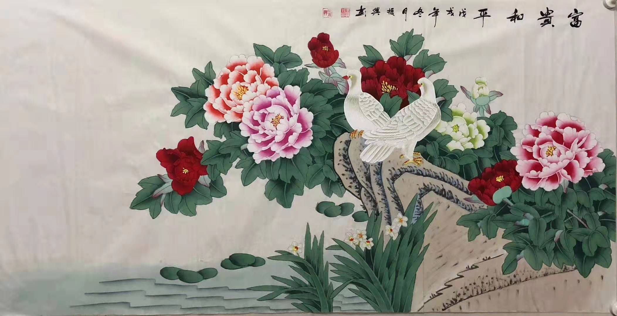 大师手工画牡丹花象征着富贵,吉祥,寓意牡丹花开,富贵