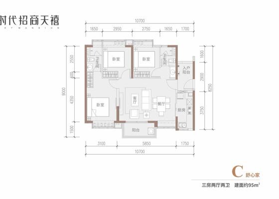 C户型95㎡三房两厅两卫