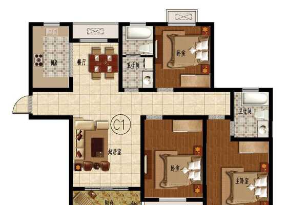 C1户型3室2厅2卫建筑面积约136㎡