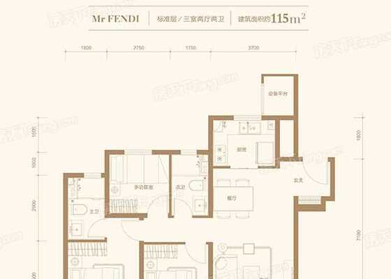 高层标准层115平米户型