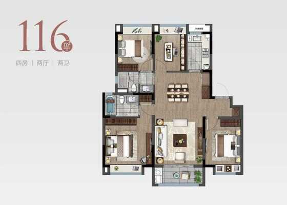 116㎡四室两厅一厨两卫户型