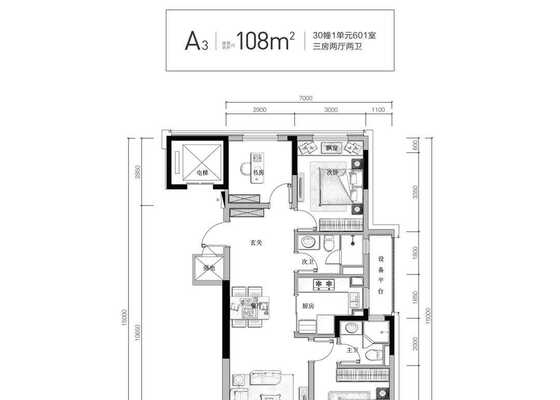 108方A3户型3室2厅2卫