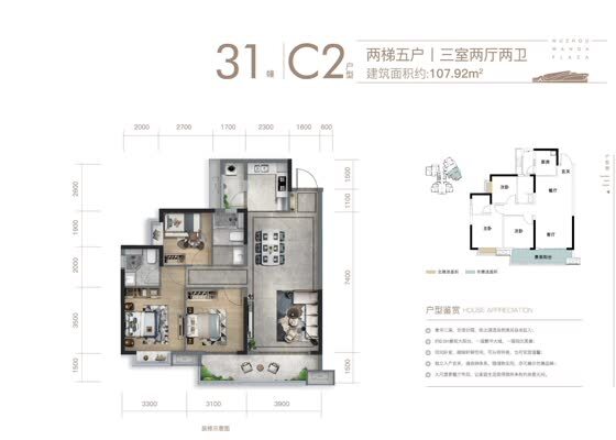31#C2户型：107m² 3房2厅2卫
