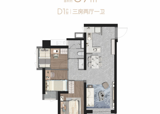 建面约87平三房两厅一卫
