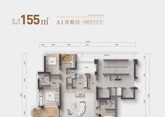 建面约155㎡（奇数层）