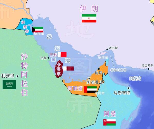 波斯湾,东岸是伊朗,西岸从北到南依次是伊拉克,科威特,沙特,巴林