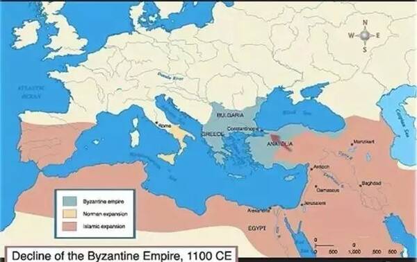 第一次十字军东征时期的东罗马帝国或称"拜占庭" (蓝色),红色是穆斯林图片