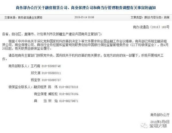 融资租赁、商业保理、典当行监管职责划归银保