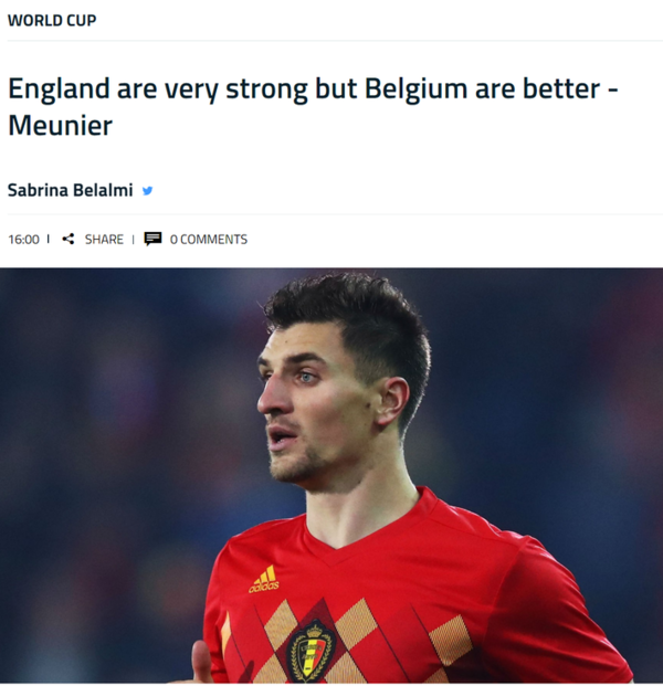 默尼耶:英格兰很厉害,但比利时更强
