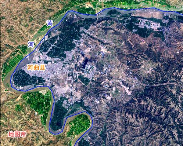 黄河号称九曲十八弯,河曲县城以西离黄河很近,在黄河几字弯的右边那一图片