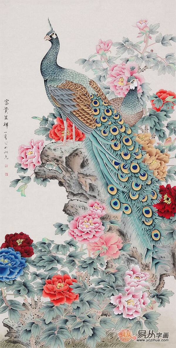 花鸟画品类居多,其中不泛有很多寓意美好的花鸟字画,像富贵吉祥的牡丹